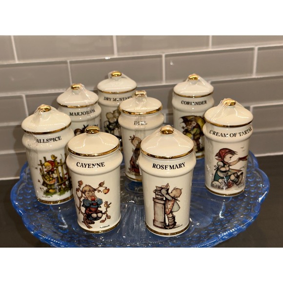 M J Hummel Porcelain Kitchen Spice Jars 24kt Gold Trim Vtg. 1987 SET Of 8